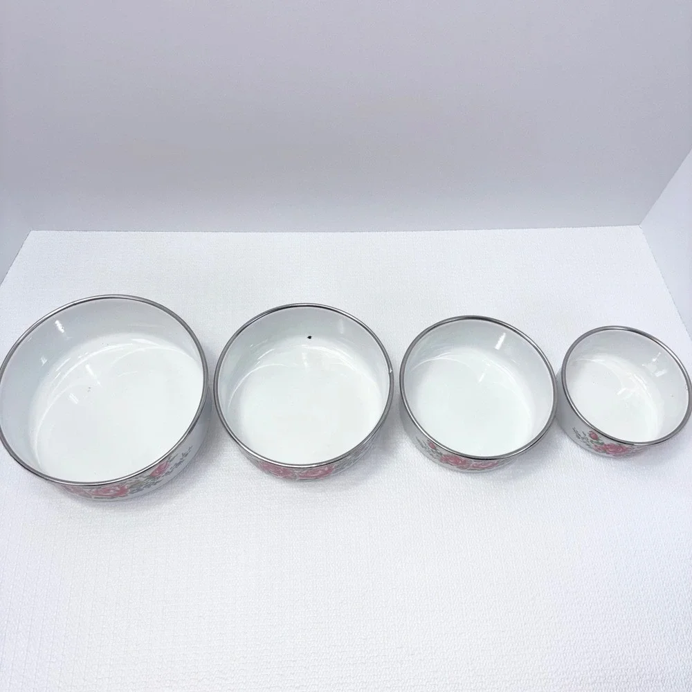 Vintage Nesting Bowls Floral Rose Enamel Metal Set 4 White Pink Cottagecore